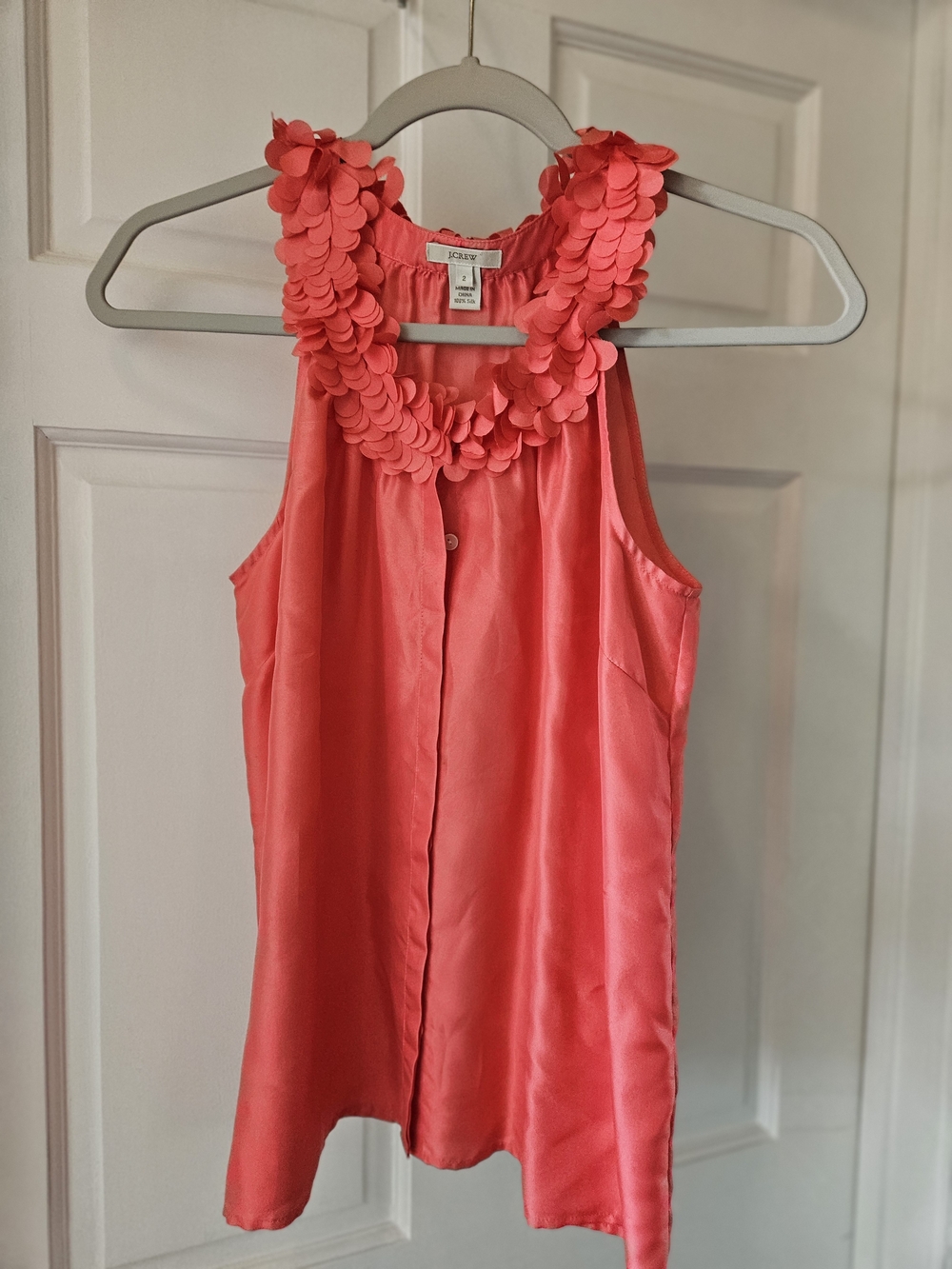 J. Crew Coral Floral-Appliqué Sleeveless 100% Silk Top
